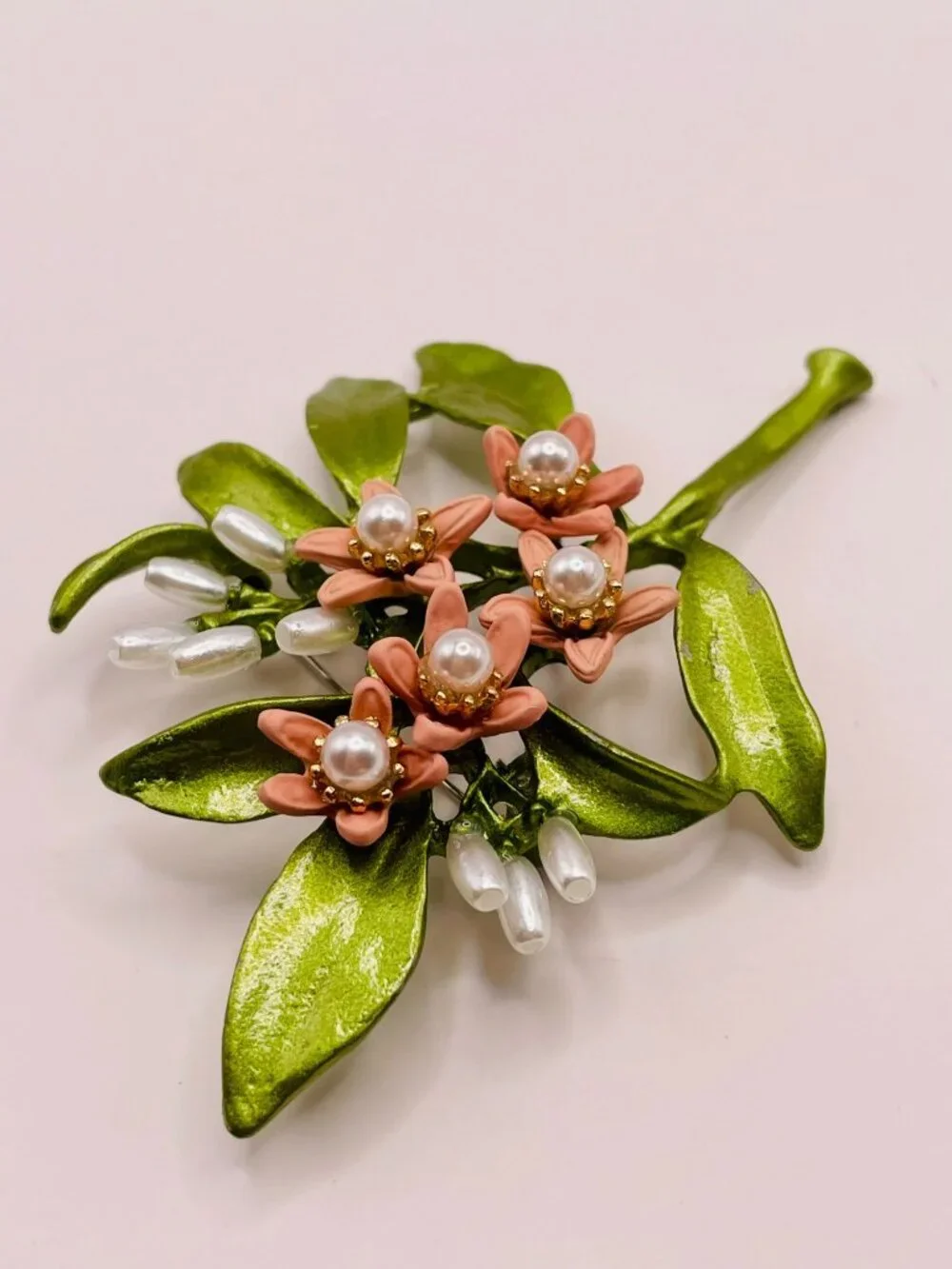 Floral Brooch Pink Enamel Flowers Faux Pearls & Green Metallic Leaves -103B